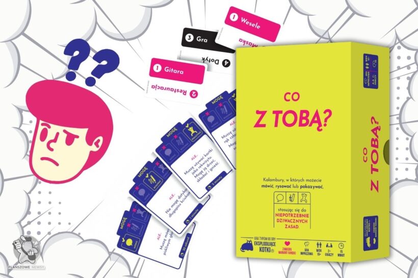 Premiera „Co z Tobą?” – Nowe Oblicze Kalamburów od Wydawnictwa Rebel Pudełko gry co z tobą?, w tle komponenty z tej gry czyli karty