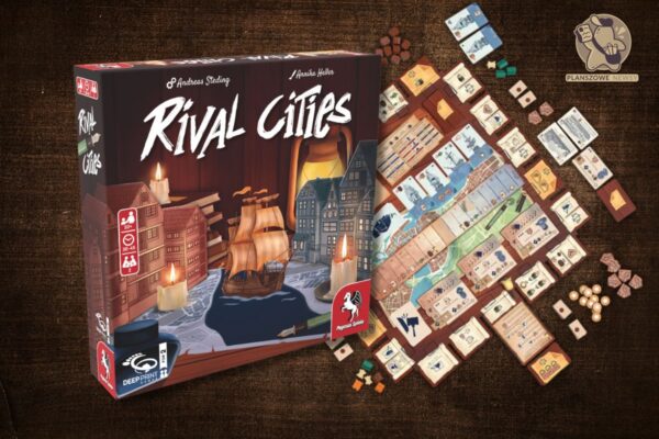 Rival Cities. Lucrum Games zapowiada polską edycję! Gra planszowa Rival Cities. Pudełko z grą i rozłożone komponenty na tle imitującym drewniany stół.