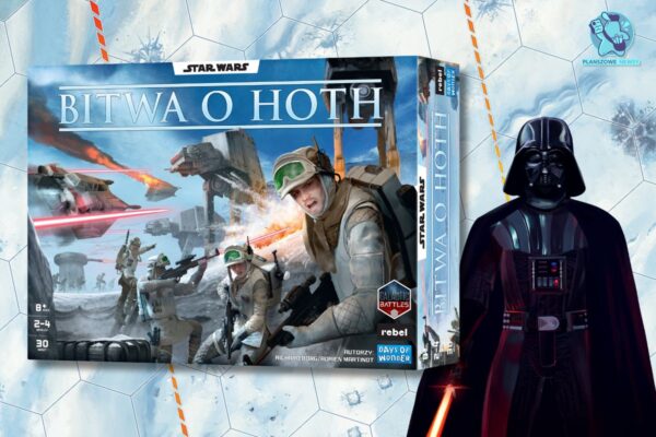 Rusza przedsprzedaż Star Wars: Bitwa o Hoth Gra planszowa Star Wars: Bitwa o Hoth. Pudełko gry na tle planszy, obok stoi figurka Dartha Vadera.