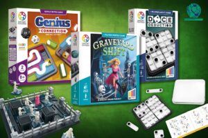 ry logiczne od Smart Games: Genius Connection, Graveyard Shift i Dice Deduction. Pudełka gier oraz ich komponenty.
