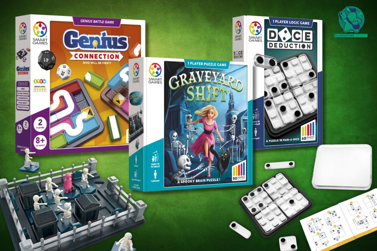 ry logiczne od Smart Games: Genius Connection, Graveyard Shift i Dice Deduction. Pudełka gier oraz ich komponenty.