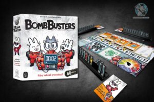 Pudełko gry Bomb Busters oraz komponenty pochodzące z gry.