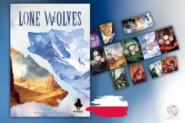 Pudełko gry Lone Wolves, karty z gry w tle.