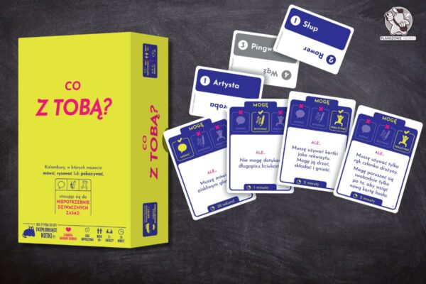 Co z Tobą? – Gra niezręcznej zabawy pudełko gry co z tobą wraz z przykładowymi kartami